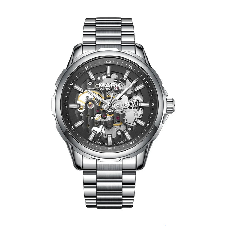 Mark Fairwhale 6950 AUREON men’s skeleton automatic watch in silver stainless steel with transparent mechanical dial and luxury design.
