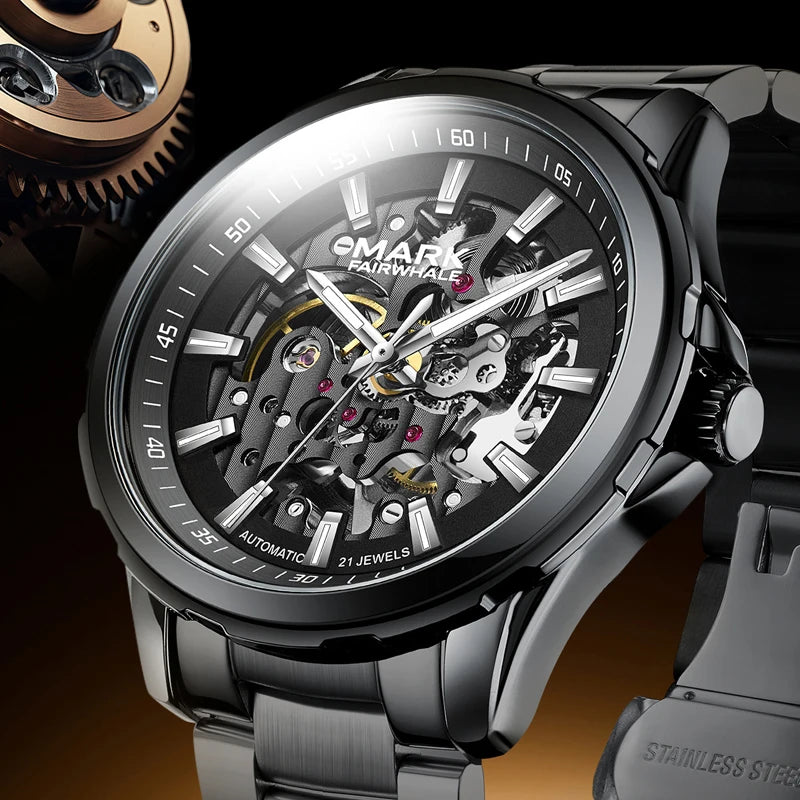 Close-up of Mark Fairwhale 6950 AUREON men’s skeleton automatic watch with detailed mechanical dial and polished stainless steel finish.