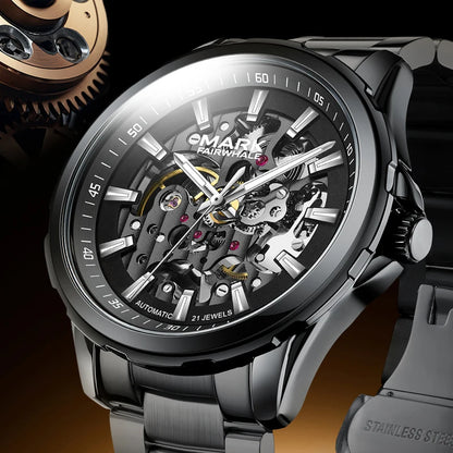 Close-up of Mark Fairwhale 6950 AUREON men’s skeleton automatic watch with detailed mechanical dial and polished stainless steel finish.