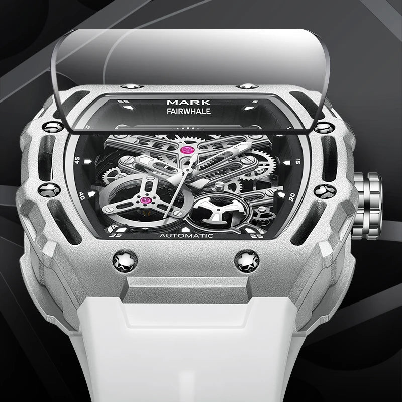Mark Fairwhale BARRELIUS automatic stainless steel case back showing skeleton movement.