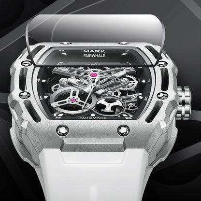 Mark Fairwhale BARRELIUS automatic stainless steel case back showing skeleton movement.