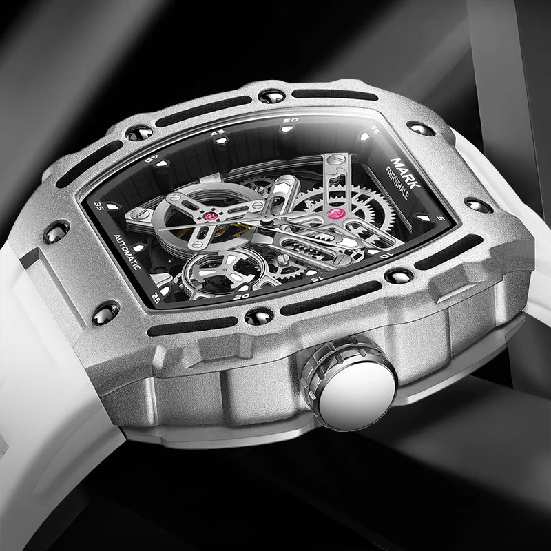 Mark Fairwhale BARRELIUS barrel-shaped stainless steel automatic watch side view with crown.