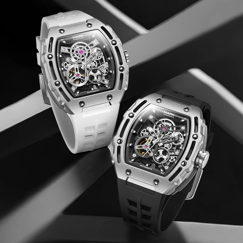 Mark Fairwhale BARRELIUS men’s wine barrel automatic watch with black rubber strap and skeleton luminous dial.