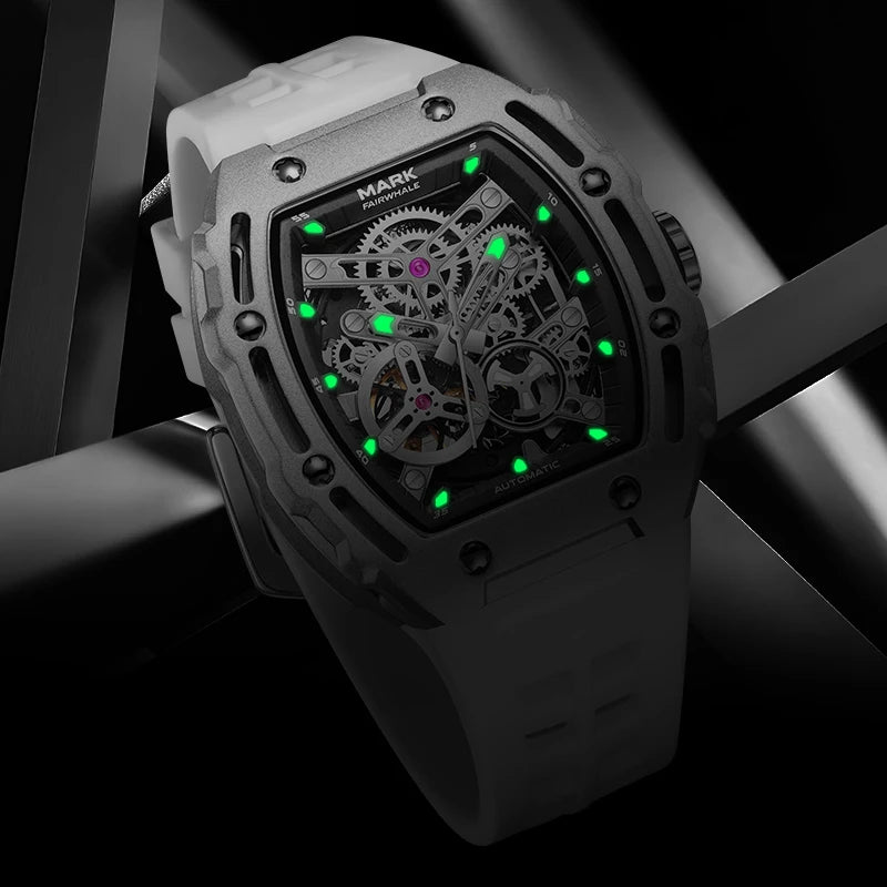 Mark Fairwhale BARRELIUS men’s automatic barrel watch with white rubber strap and luminous skeleton dial.