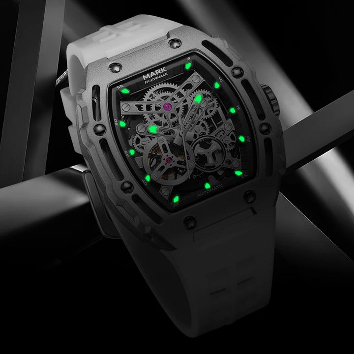 Mark Fairwhale 6700 BARRELIUS men’s automatic barrel watch with white rubber strap and luminous skeleton dial.