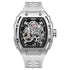 Mark Fairwhale BARRELIUS men’s automatic watches in black and white straps with skeleton dials.