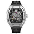 Stylish man wearing the Mark Fairwhale BARRELIUS wine barrel automatic watch with black strap.