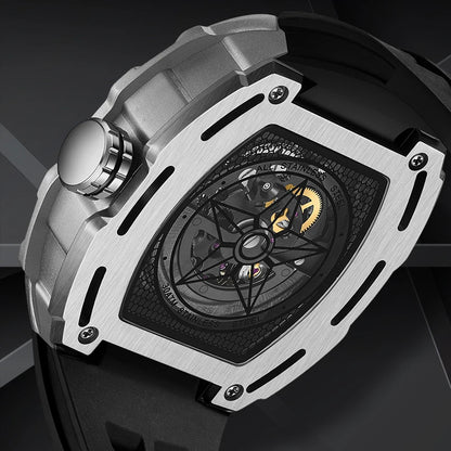BARRELIUS automatic skeleton watch luminous dial glowing in the dark.