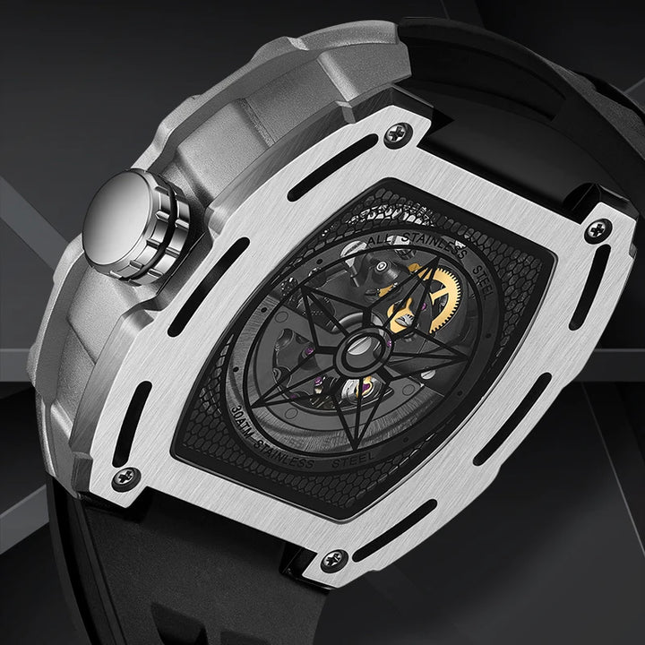 FW-6700 BARRELIUS automatic skeleton watch luminous dial glowing in the dark.