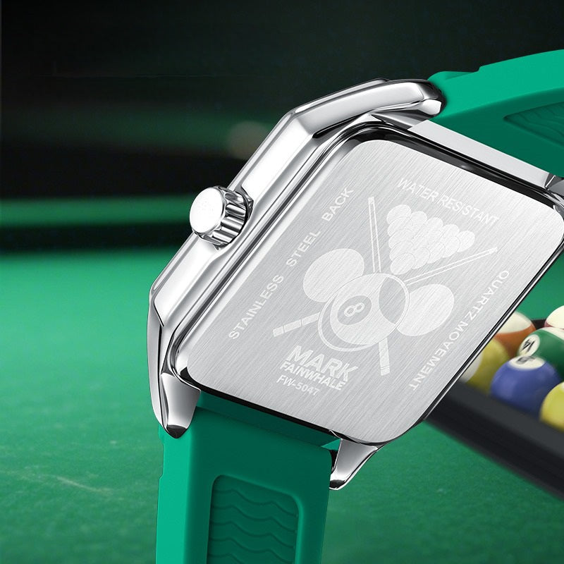 Mark Fairwhale FW-5047 Billiardo quartz watch case back with billiards-inspired engraving, stainless steel construction and water-resistant design