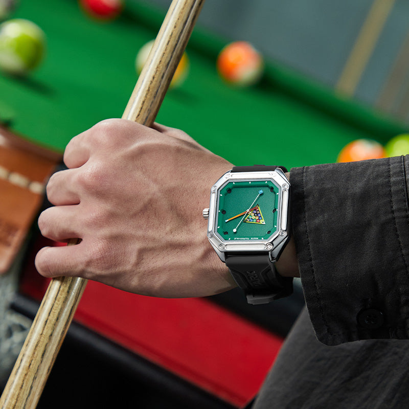 Mark Fairwhale FW-5047 Billiardo men’s black quartz watch with billiards-inspired square dial, silicone strap and casual sports style