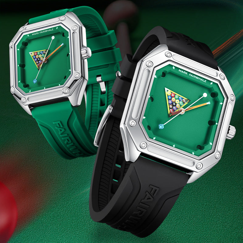 Mark Fairwhale FW-5047 Billiardo men’s quartz watch in green and black variants with square dial, billiards-inspired design and silicone strap