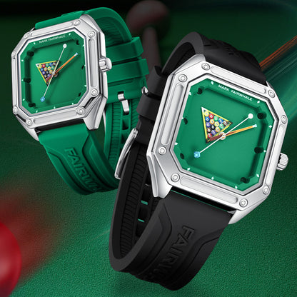 Mark Fairwhale FW-5047 Billiardo men’s quartz watch in green and black variants with square dial, billiards-inspired design and silicone strap
