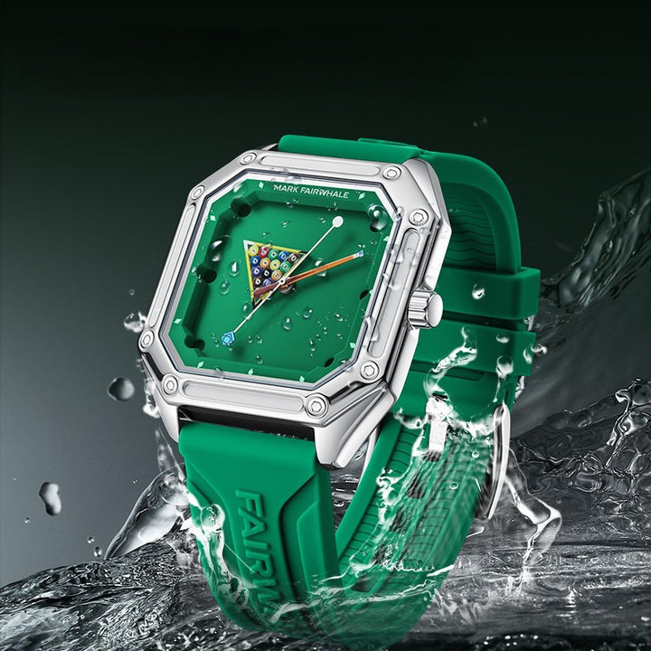 Mark Fairwhale FW-5047 Billiardo quartz sports watch in green with 30M waterproof resistance, square case and billiards dial design