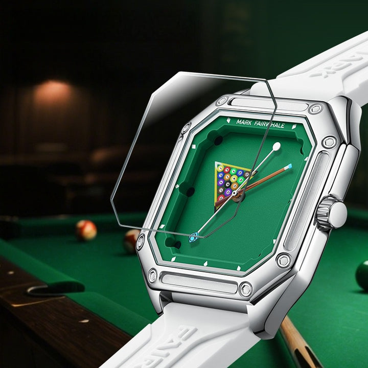 Mark Fairwhale FW-5047 quartz watch with Hardlex crystal high-transparency glass, white silicone strap and billiards-inspired square dial