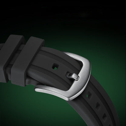 Mark Fairwhale FW-5047 quartz watch with black silicone strap, adjustable pin buckle clasp, durable and comfortable sports design