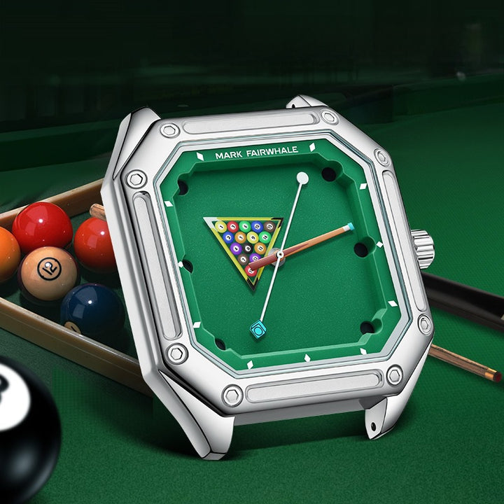 Mark Fairwhale FW-5047 Billiardo men’s quartz watch featuring unique square pool table dial with cue stick hands and numberless design