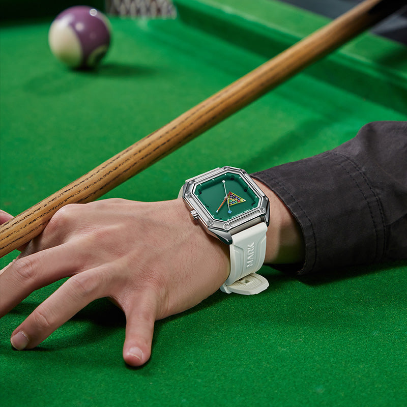 Mark Fairwhale FW-5047 Billiardo quartz wristwatch in white strap, billiards pool table dial, worn casually at billiards game