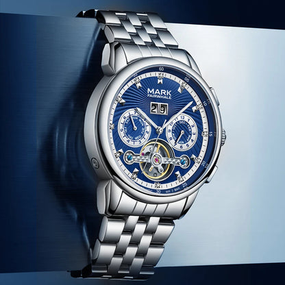 Fairwhale blue dial automatic tourbillon men’s watch with stainless steel bracelet and calendar