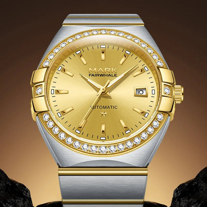 Close-up of Mark Fairwhale FW-6830 CASSIAN unisex watch with gold bezel and diamond accents