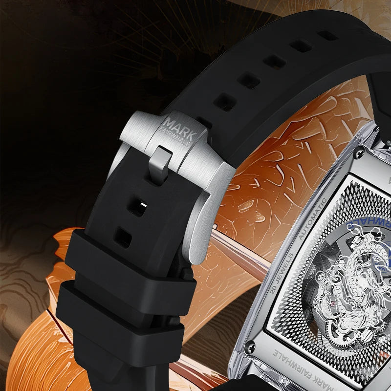Mark Fairwhale 6990 DRAKONIS men’s automatic mechanical watch with black rubber strap and engraved buckle