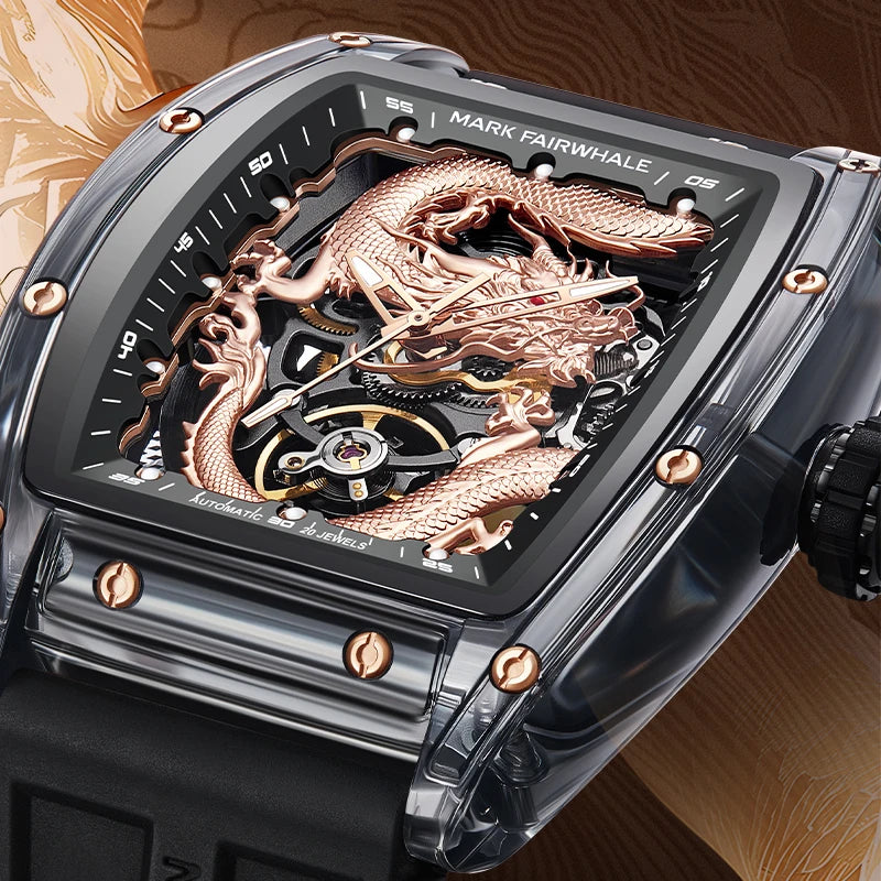 Mark Fairwhale 6990 DRAKONIS men’s skeleton watch with gold dragon dial and automatic movement