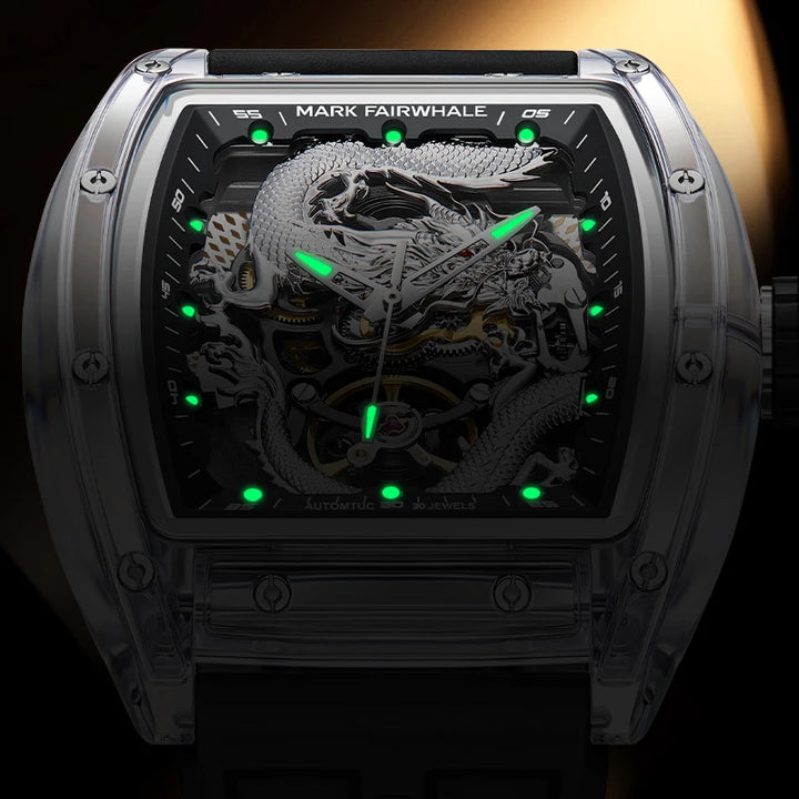 Mark Fairwhale 6990 DRAKONIS luminous men’s watch with glowing dragon dial and automatic mechanical design