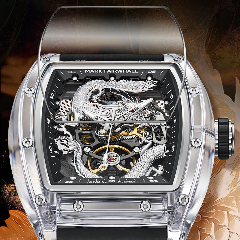 Mark Fairwhale 6990 DRAKONIS skeleton mechanical watch with silver dragon dial and transparent acrylic case