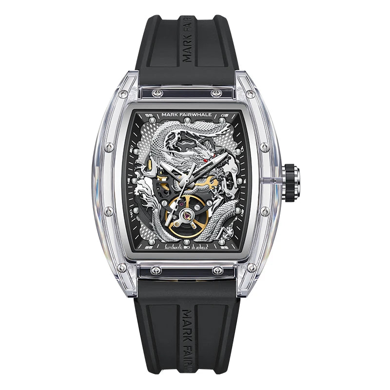 Mark Fairwhale 6990 DRAKONIS men’s automatic mechanical watch with silver dragon dial and black rubber strap