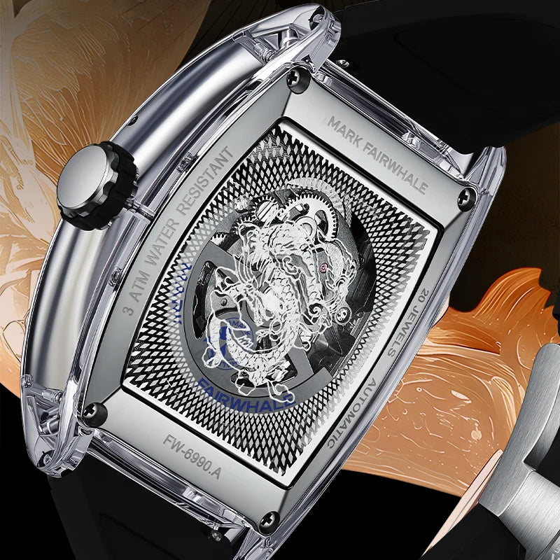 Mark Fairwhale 6990 DRAKONIS automatic watch transparent back with dragon engraving and mechanical movement