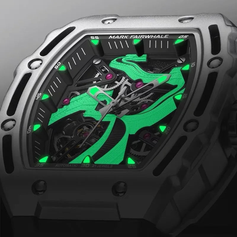 Mark Fairwhale FORTANIX Skeleton Tourbillon men’s watch with glowing luminous hands and markers on the dragon-inspired dial, designed for night visibility and luxury performance.