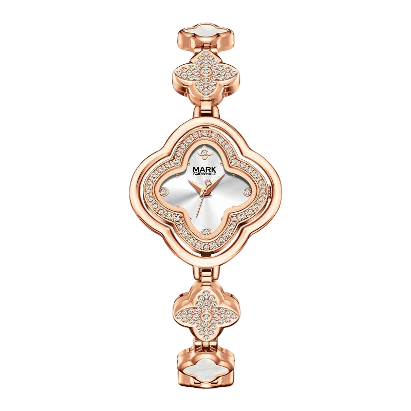 Mark Fairwhale FW-3090 CLOVERA rose gold women’s quartz watch with four-leaf clover dial and crystal bezel