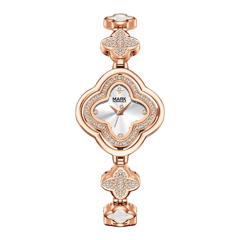 Mark Fairwhale FW-3090 CLOVERA rose gold women’s quartz watch with four-leaf clover dial and crystal bezel