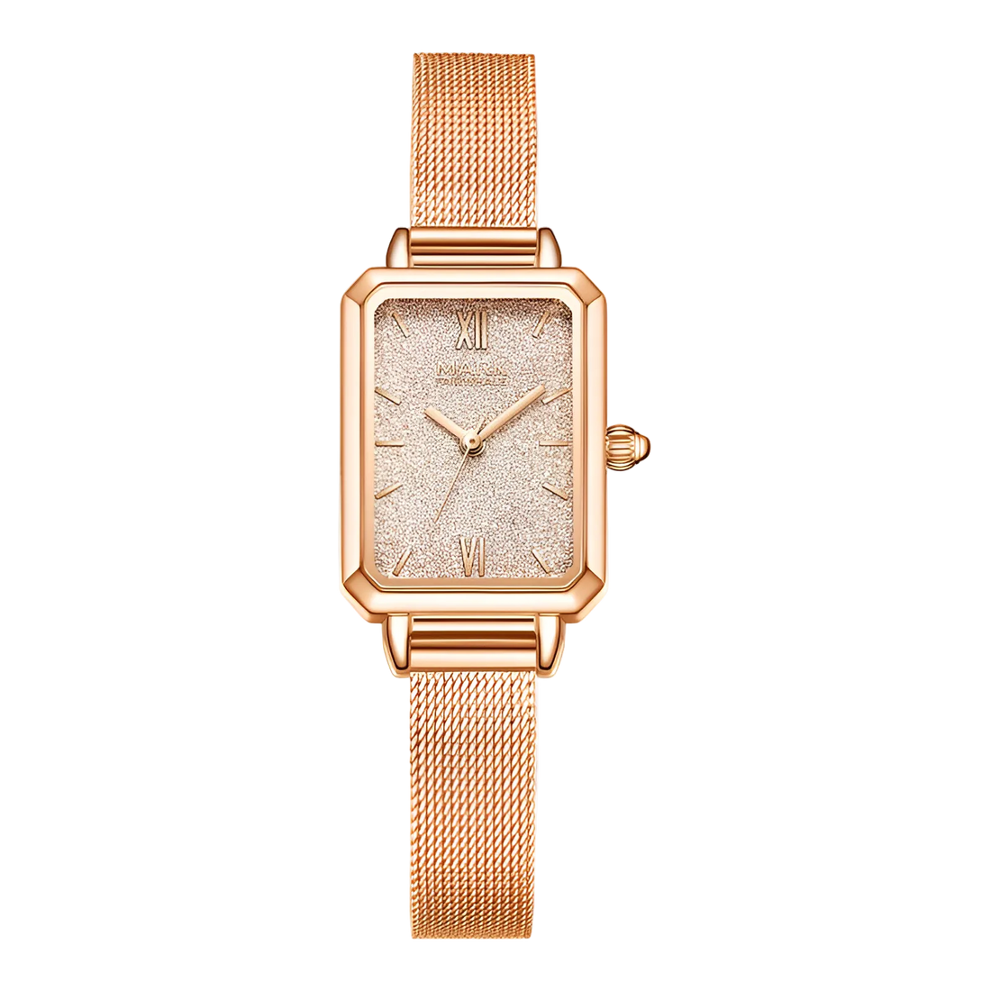 Mark Fairwhale FW-3110 SILVANA women’s quartz watch rose gold rectangular case glitter dial milanese mesh strap front view