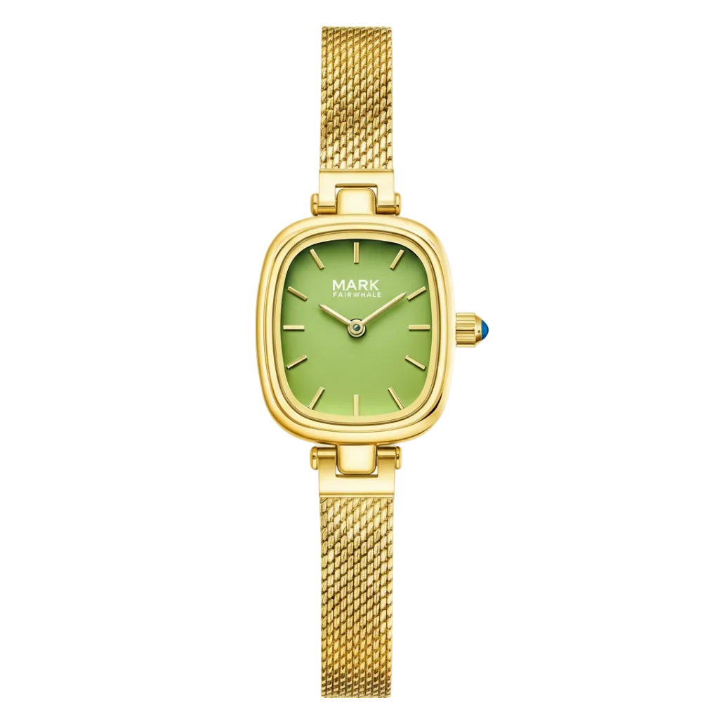 Mark Fairwhale FW 3120 Celvina women’s quartz watch with green dial and gold mesh strap front view