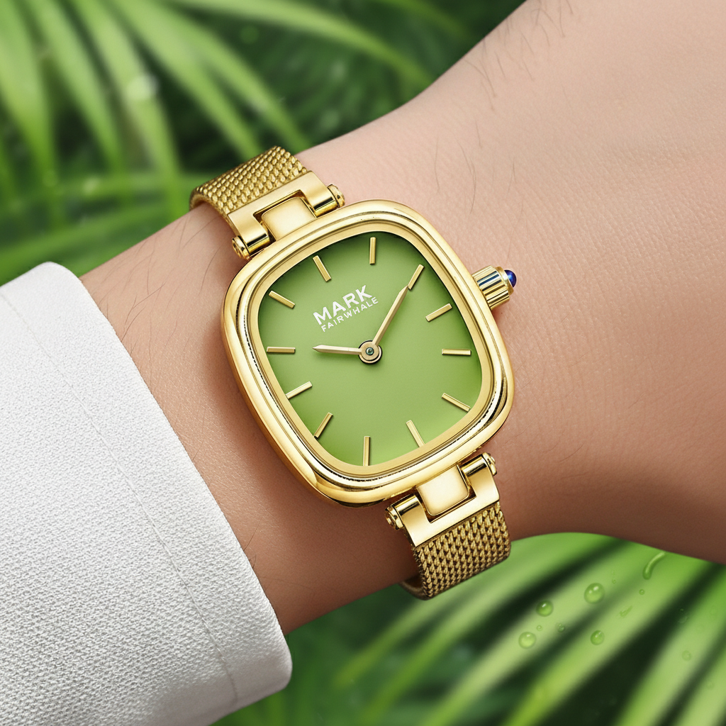 Lifestyle on-wrist photo of Mark Fairwhale FW-3120 CELVINA women’s quartz watch with green dial and gold mesh strap