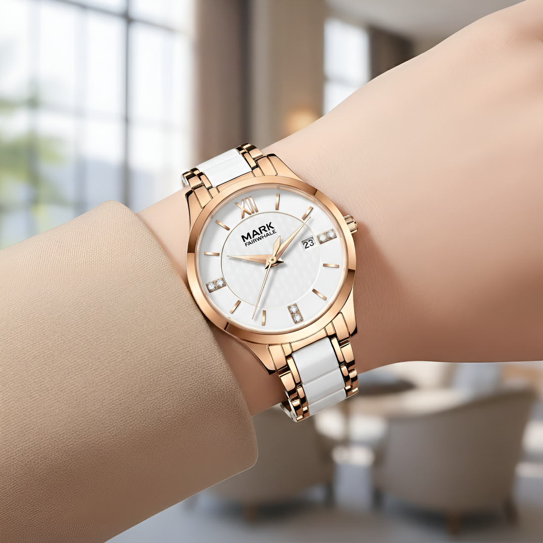 Mark Fairwhale FW-3140 LUNARIA women’s quartz watch on wrist in rose gold with white dial and date window