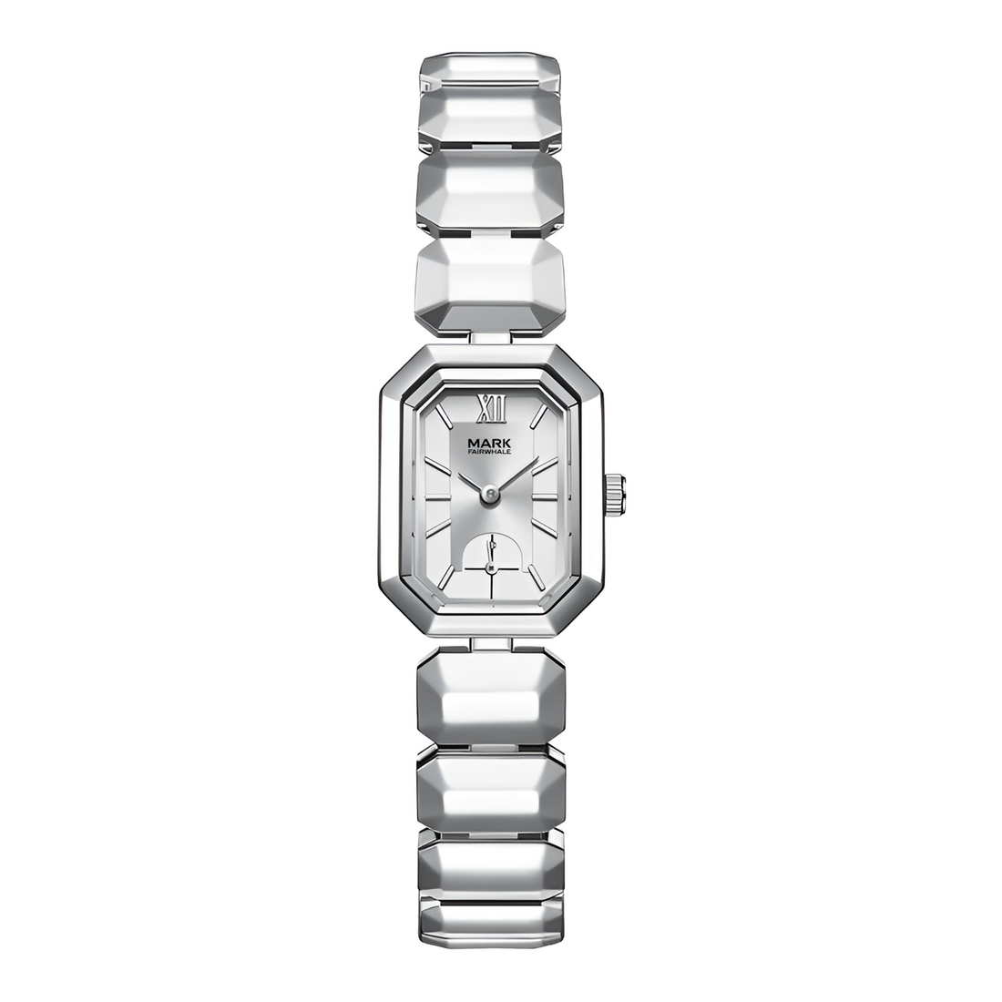 Mark Fairwhale FW-3160 VELORIA square women’s quartz watch full front view with silver bracelet and minimalist dial