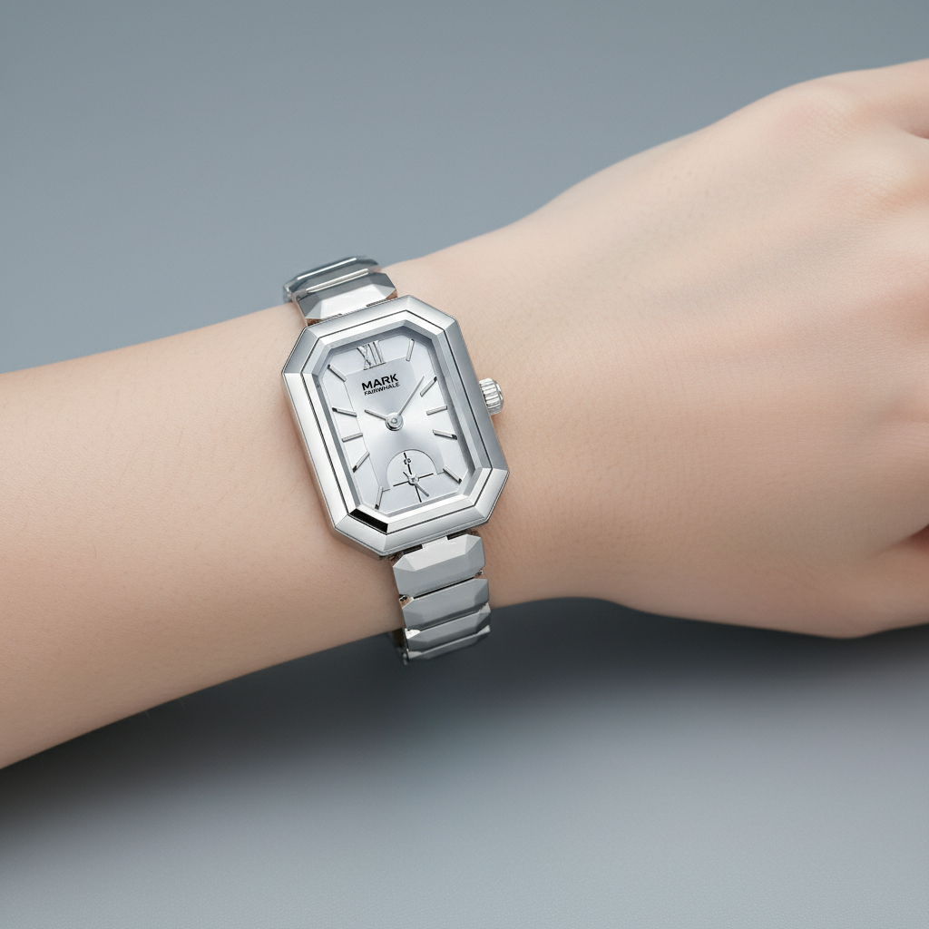 Mark Fairwhale FW-3160 VELORIA Silver wristwatch on a wrist with a gray background