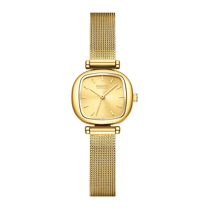 Mark Fairwhale FW-3180 ELORIA women’s square watch with gold Milanese mesh strap and minimalist gold dial