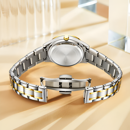 Mark Fairwhale FW-3810 SERENA women’s quartz watch stainless steel case back and bracelet clasp detail