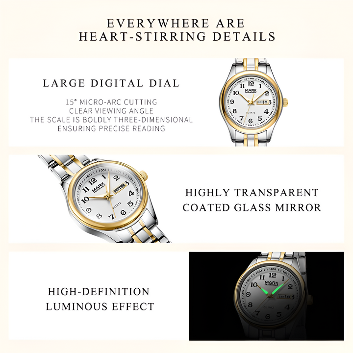 Mark Fairwhale FW-3810 SERENA women’s quartz watch showing coated glass mirror and luminous dial effect