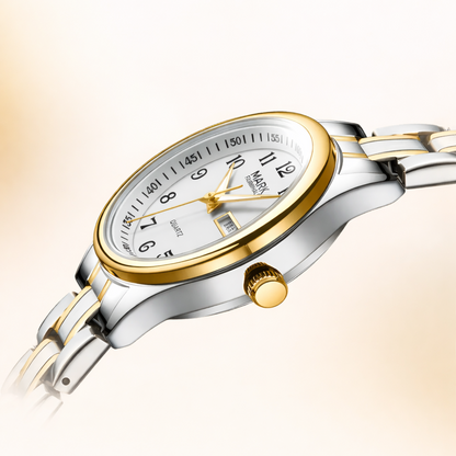 Mark Fairwhale FW-3810 SERENA women’s quartz watch side profile with gold bezel and slim case design