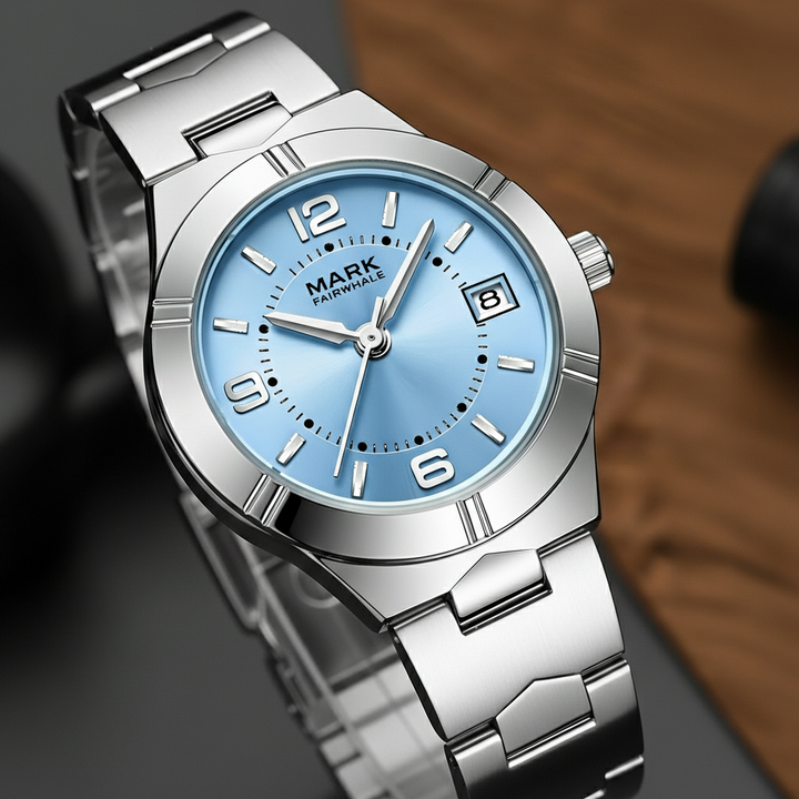 Mark Fairwhale FW 3820 blue dial women’s quartz watch highlighting coated glass crystal clarity and clean dial visibility