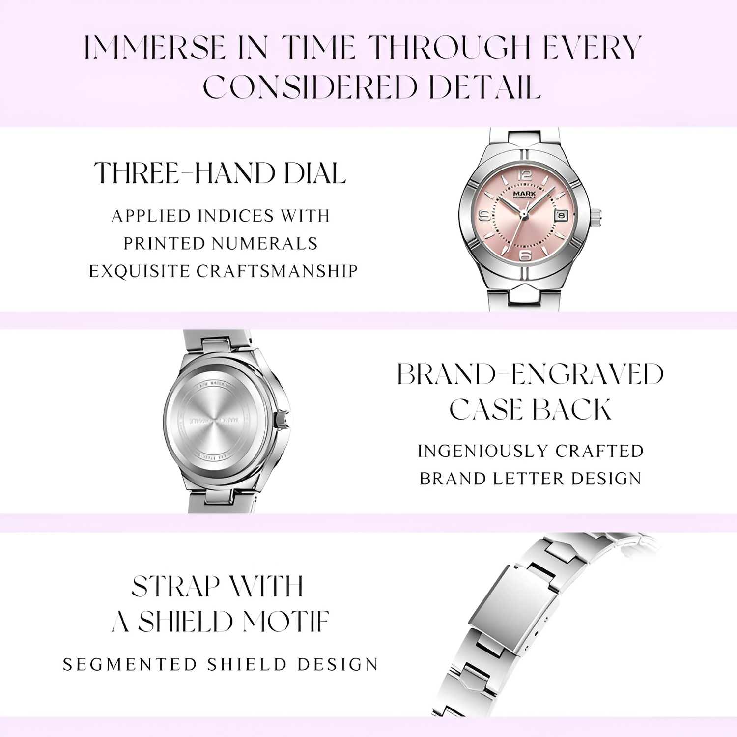 Mark Fairwhale FW 3820 women’s quartz watch details showing dial, engraved case back, and shield motif bracelet links