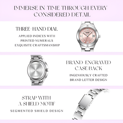 Mark Fairwhale FW 3820 women’s quartz watch details showing dial, engraved case back, and shield motif bracelet links