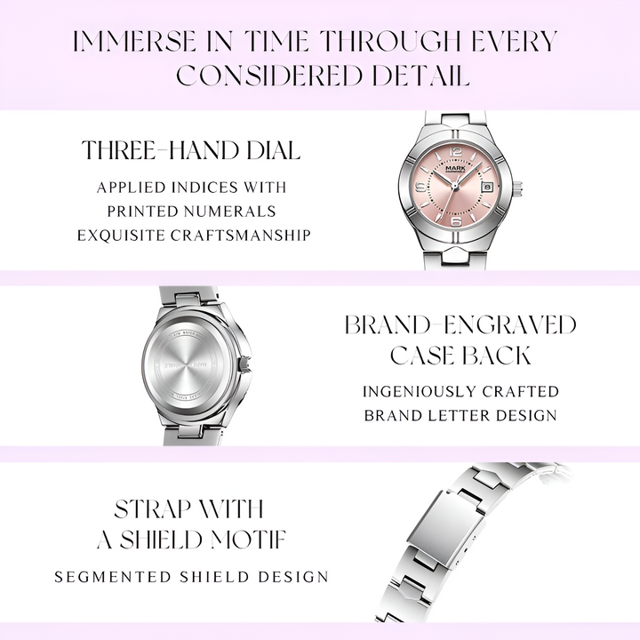 Mark Fairwhale FW 3820 women’s quartz watch details showing dial, engraved case back, and shield motif bracelet links