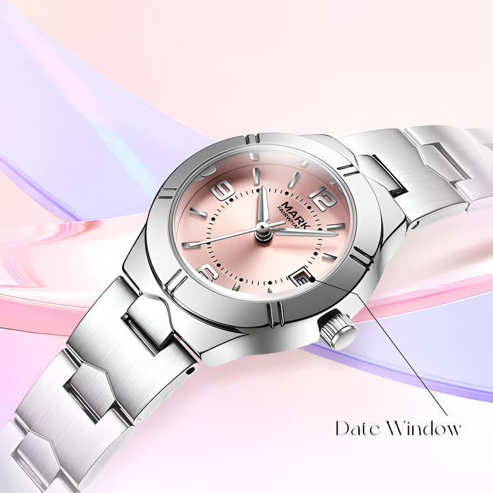Close up of Mark Fairwhale FW 3820 pink dial showing date window and three hand quartz display