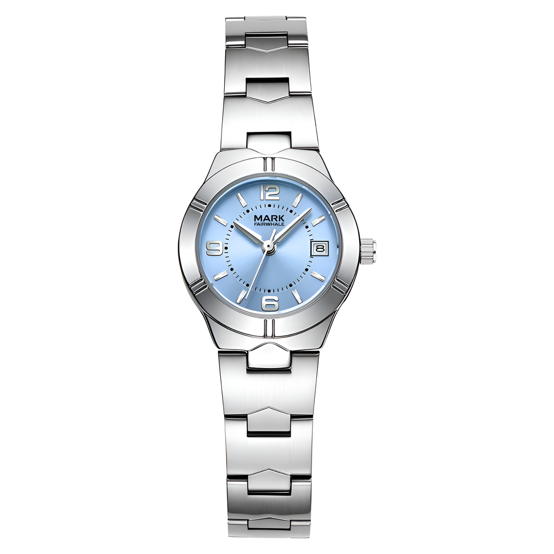 Mark Fairwhale FW 3820 women’s quartz watch with blue dial and stainless steel bracelet, date display