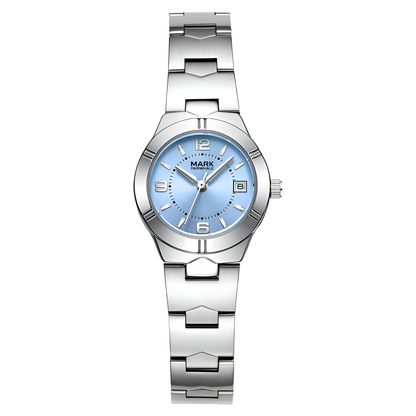 Mark Fairwhale FW 3820 women’s quartz watch with blue dial and stainless steel bracelet, date display